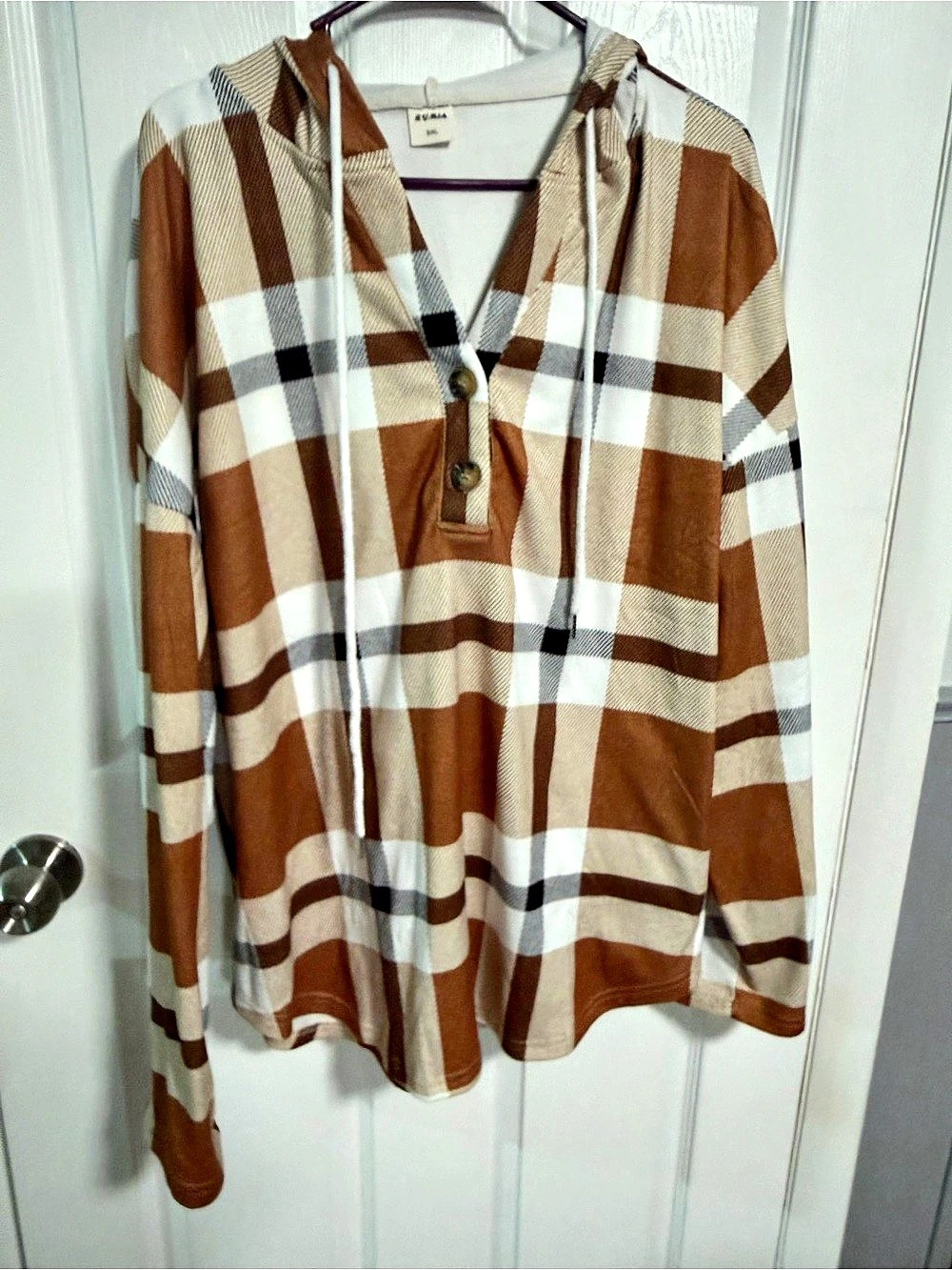 RUMIA Women's Oversized V-Neck Plaid Hoodie Sweatshirt Brown & White 3XL